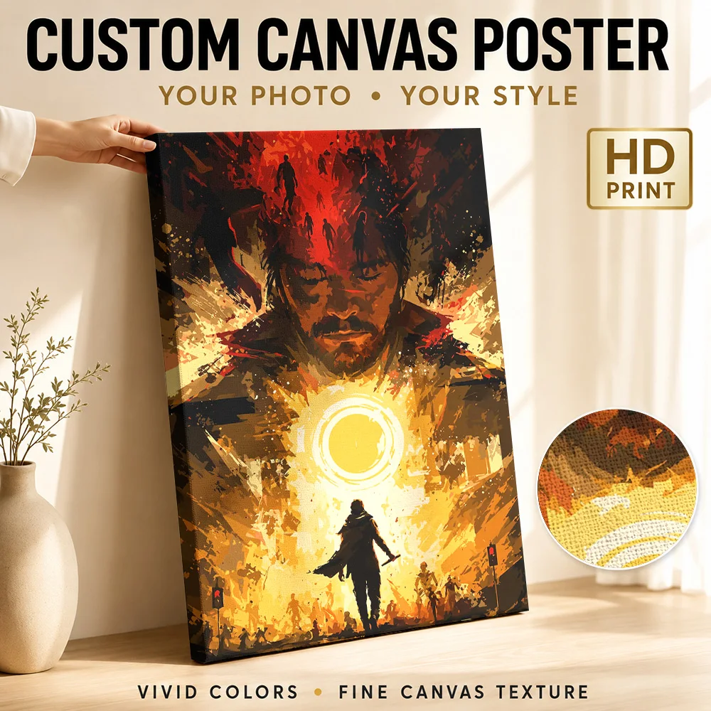 Control Resonant Figure Facing Sun Canvas Poster Personalized Photo Fiery Fantasy Illustration Wall Art For Bedroom Gamer Gift