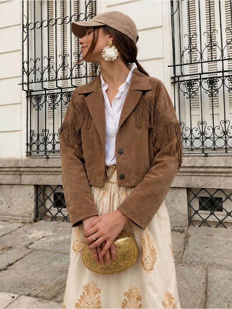 HH Date Night Party 3 Colors Fringed Faux Suede Cropped Jacket Women Fall Lapel Button Front Retro Glam Trendy Chic Outerwear