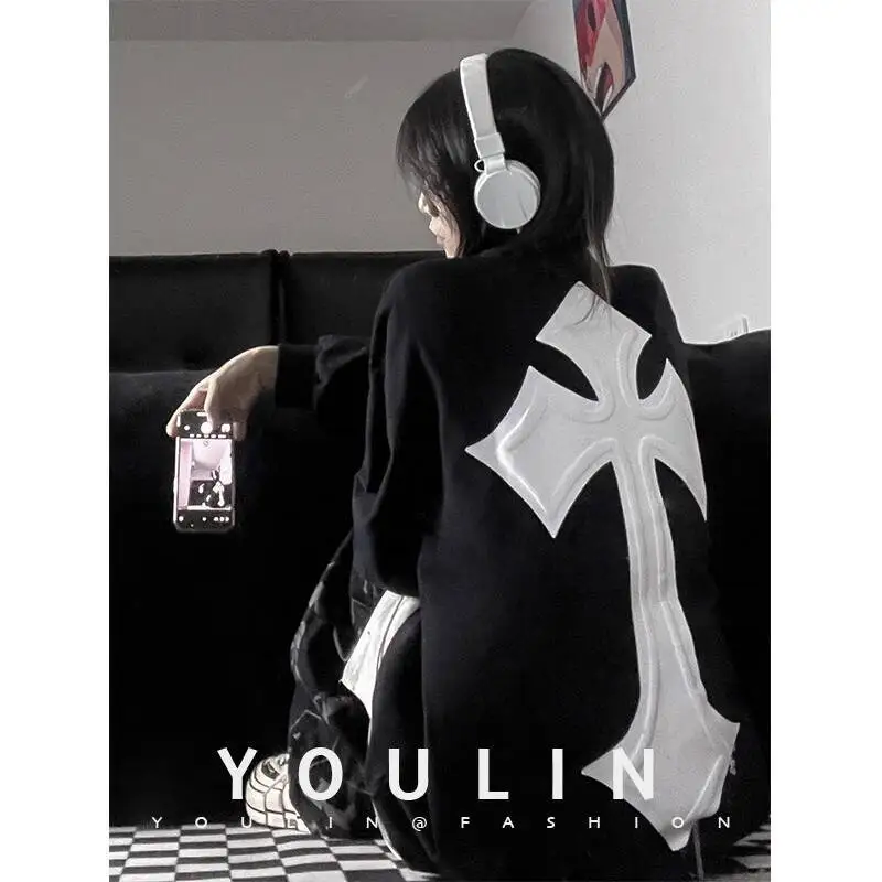 Burgundy High Street Trendy Men's Jacket 2025 American Retro Long Sleeve TShirt Heavyweight Cross Crew Neck Sweatshirt for Fall