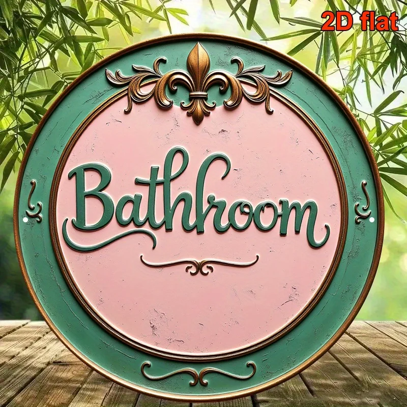 Round Metal Iron Sign - Vintage French Country Style Bathroom Decor, Green and Pink Color Scheme with Floral Patterns