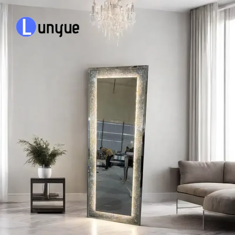 Classic Industrial Crushed Diamond Floor Standing Mirror with LED Light Decorative Framed Glass for Home Bedroom Bathroom