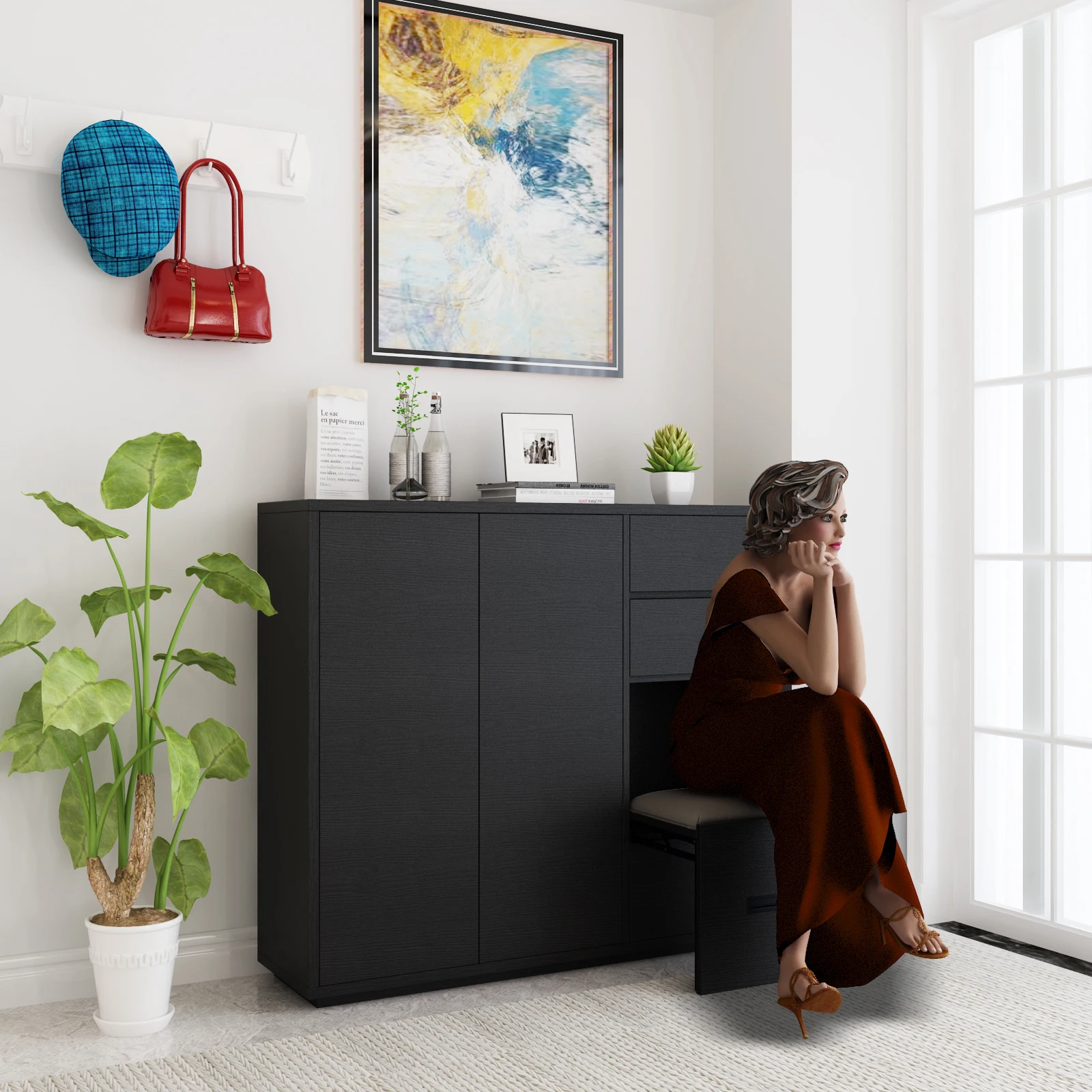 

Solid wood shoe cabinet modern simple light luxury telescopic shoe changing stool small apartment storage shoe cabinet foyer ent