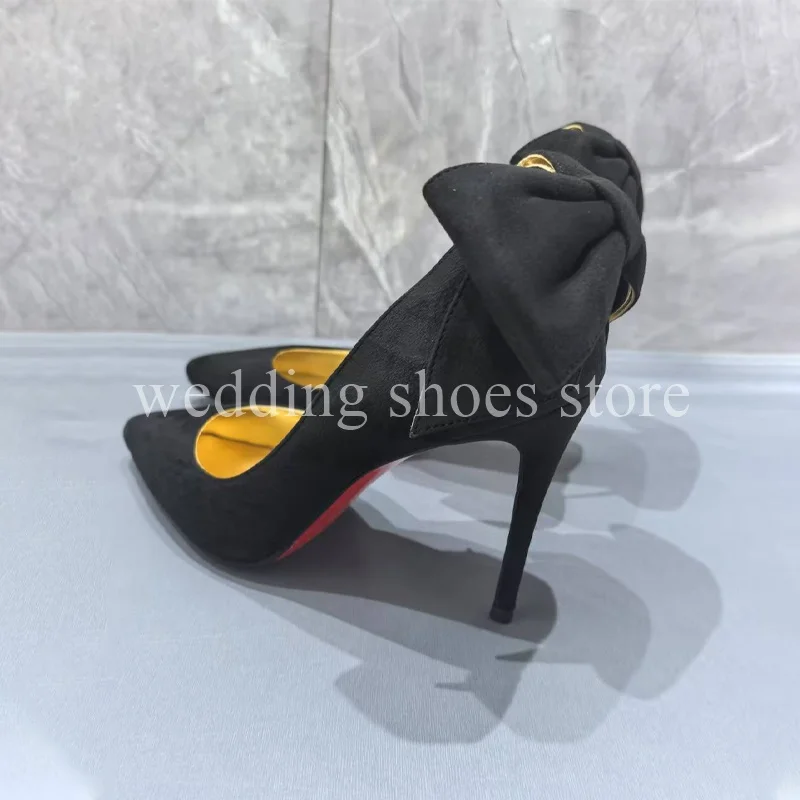 Black Suede High Heels Stiletto for Women Sexy Pointy Bowknot High-heeled Wedding Shoes Fashion Party Prom 2025 Single Shoes