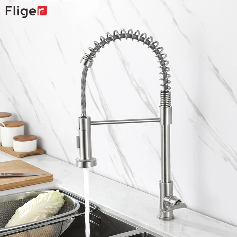 Fliger Stainless Steel Kitchen Faucet Pull Down Spray Kitchen Wall Mounted Faucet Single Cold Water Sink Top Torneira Cozinha