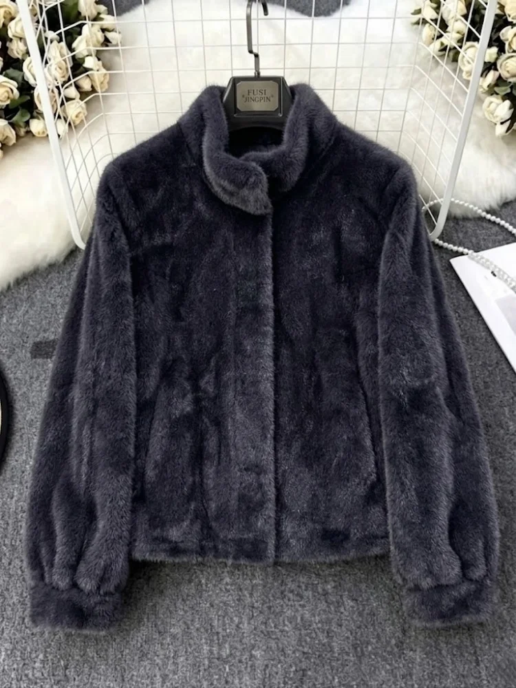 AACHOAE Women Faux Fur Jacket Winter Coat Stand Collar Long Sleeve Snap Button Warm Loose Casual Elegant Outerwear