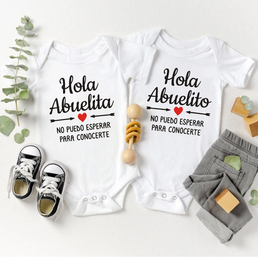 Hola Abuelita Hola Abuelito Baby Announcement Romper Newborn Baby Bodysuits Summer Boys Girls Jumpsuit Pregnancy Reveal Clothes