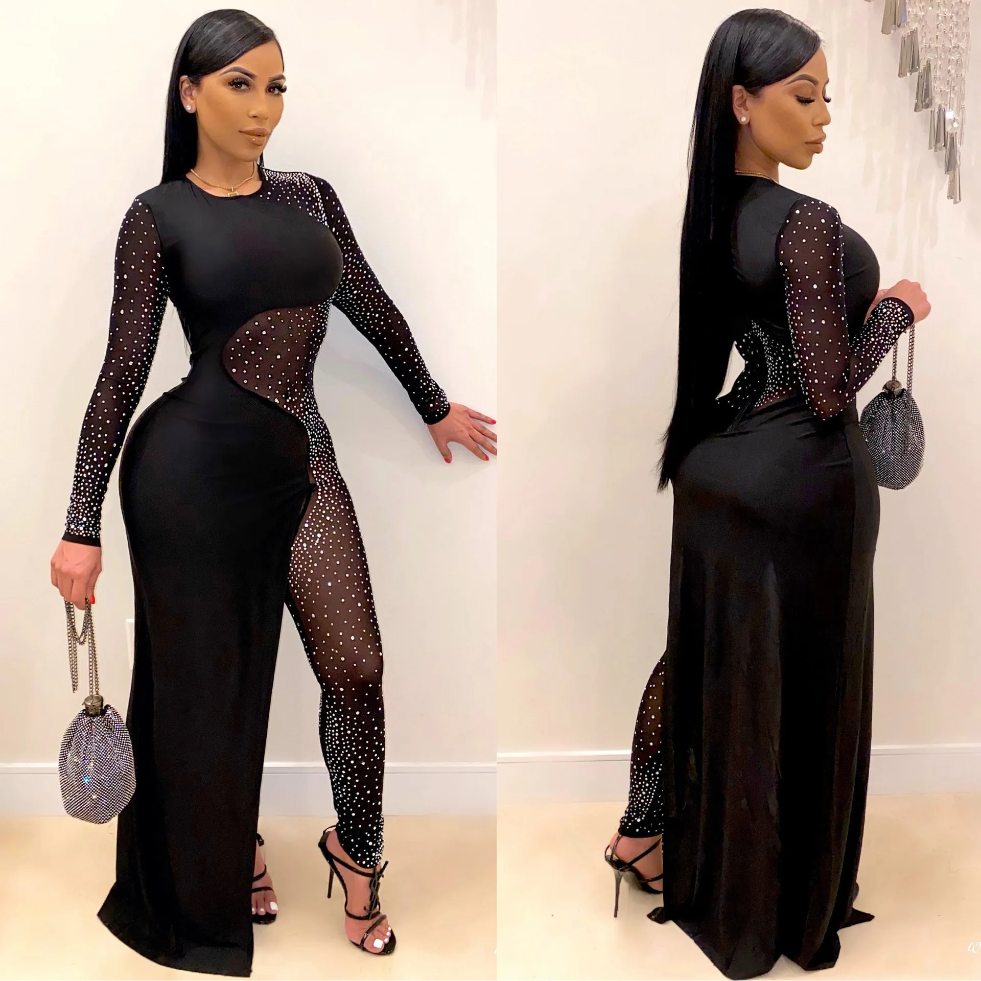 Sexy Nightclub Party Party Club Hot Rhinestone Hot Rhinestone See Through Slim Skirt Hem Jumpsuit