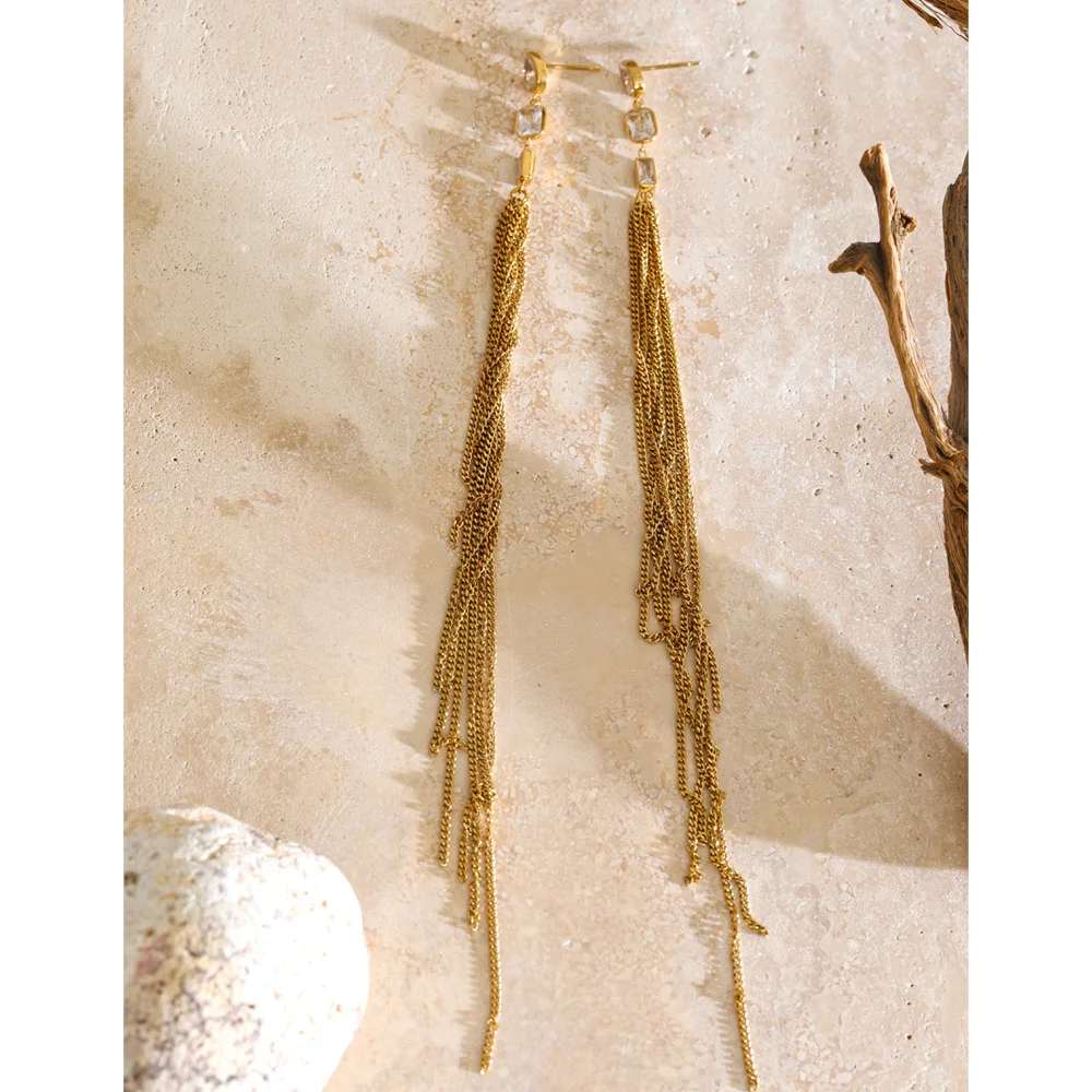 Yhpup Stainless Steel CZ Long Tassel Waterfall Chain Drop Earrings for Women Evening Glam Temperament Jewelry Gift