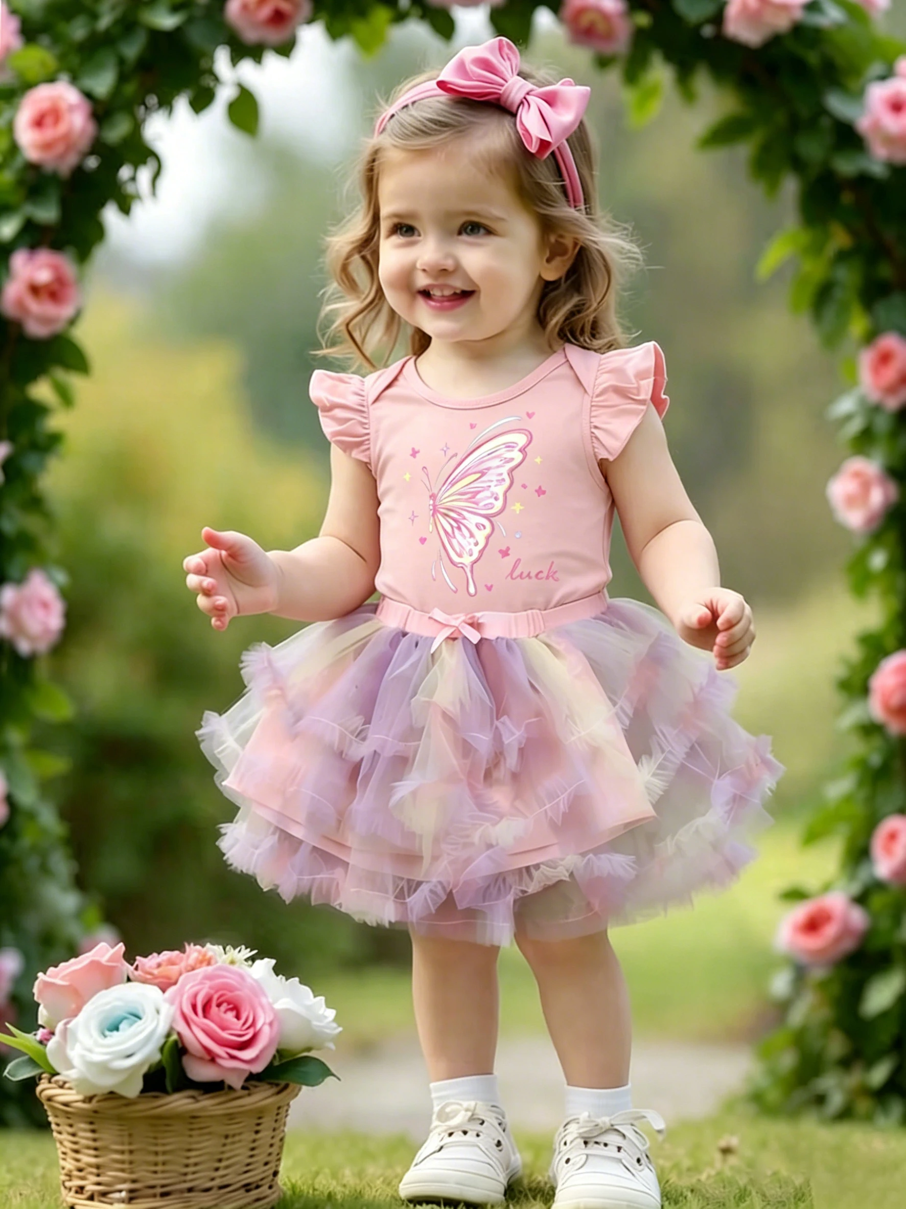 Summer New Arrival Girls Dreamy Style Butterfly Print Ruffle Tulle Princess Dress