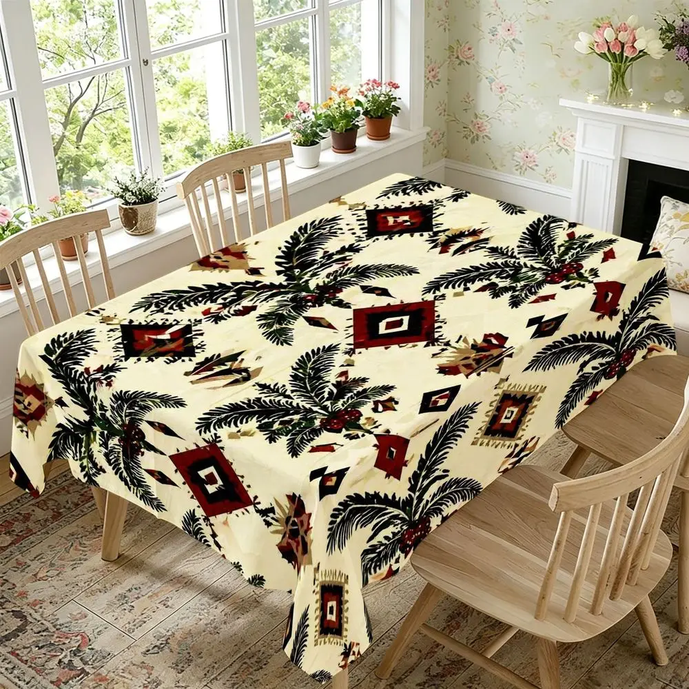 Southwestern Palm Fronds Tablecloth - Cream with Black, Red & Beige Geometric Palm Print, Rectangular Suitable for Indoor/Outdoor Use, Farmhouse Kitchen Decor, Polyester Dining Cloth Covering Table for, Dining Room