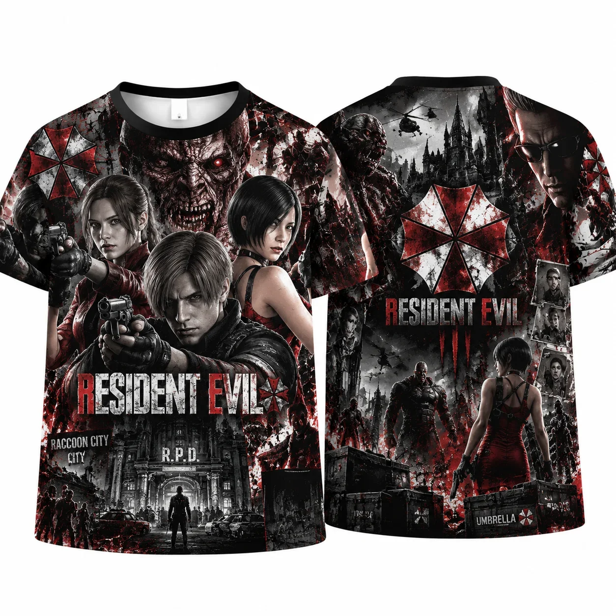Front Back Horror Zombie Character Graphic T-shirt Unisex Gun Fighter Monster Red Mark Castle Scene Dual Sided Print Summer Top