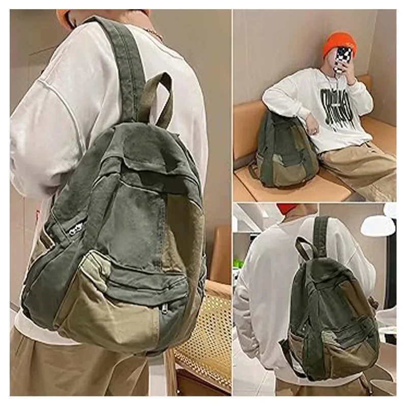 Sfb5 vintage ästhetische canva shippie grün kleiner rucksack boho grunge taschen lässig daypack sage japanischer hoher rucksack