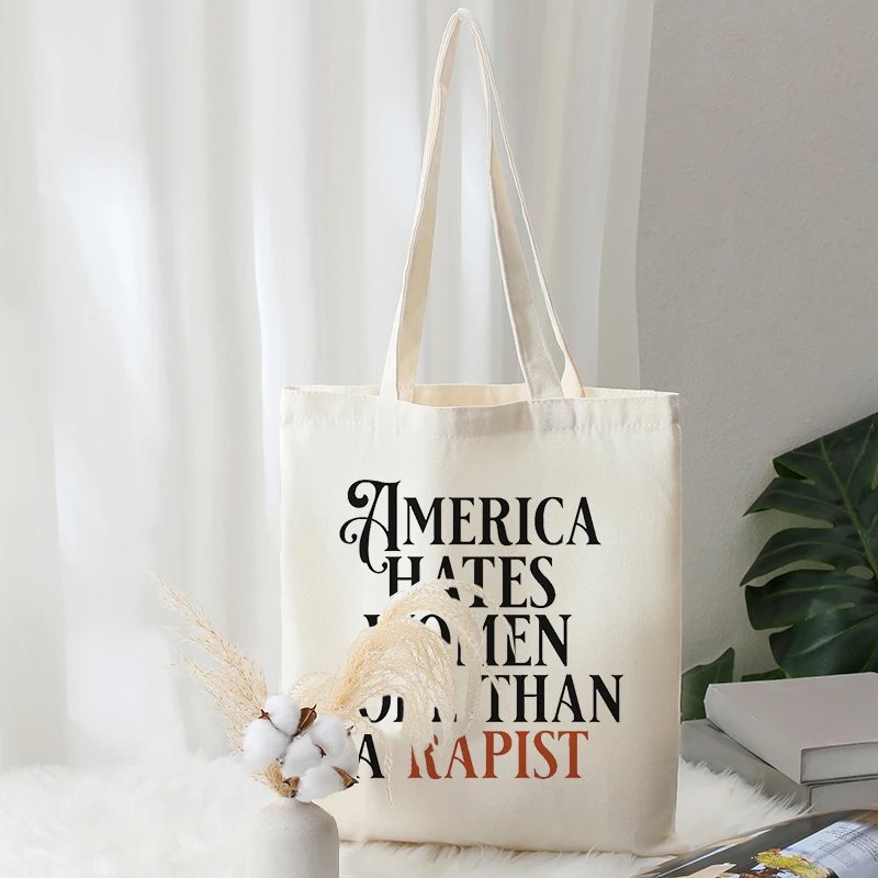 Feminist Fundamental Rights Anti-Trump America Hates Women Pattern Tote Bags Canvas Shoulder Bag for Travel Large Ehopping Bag