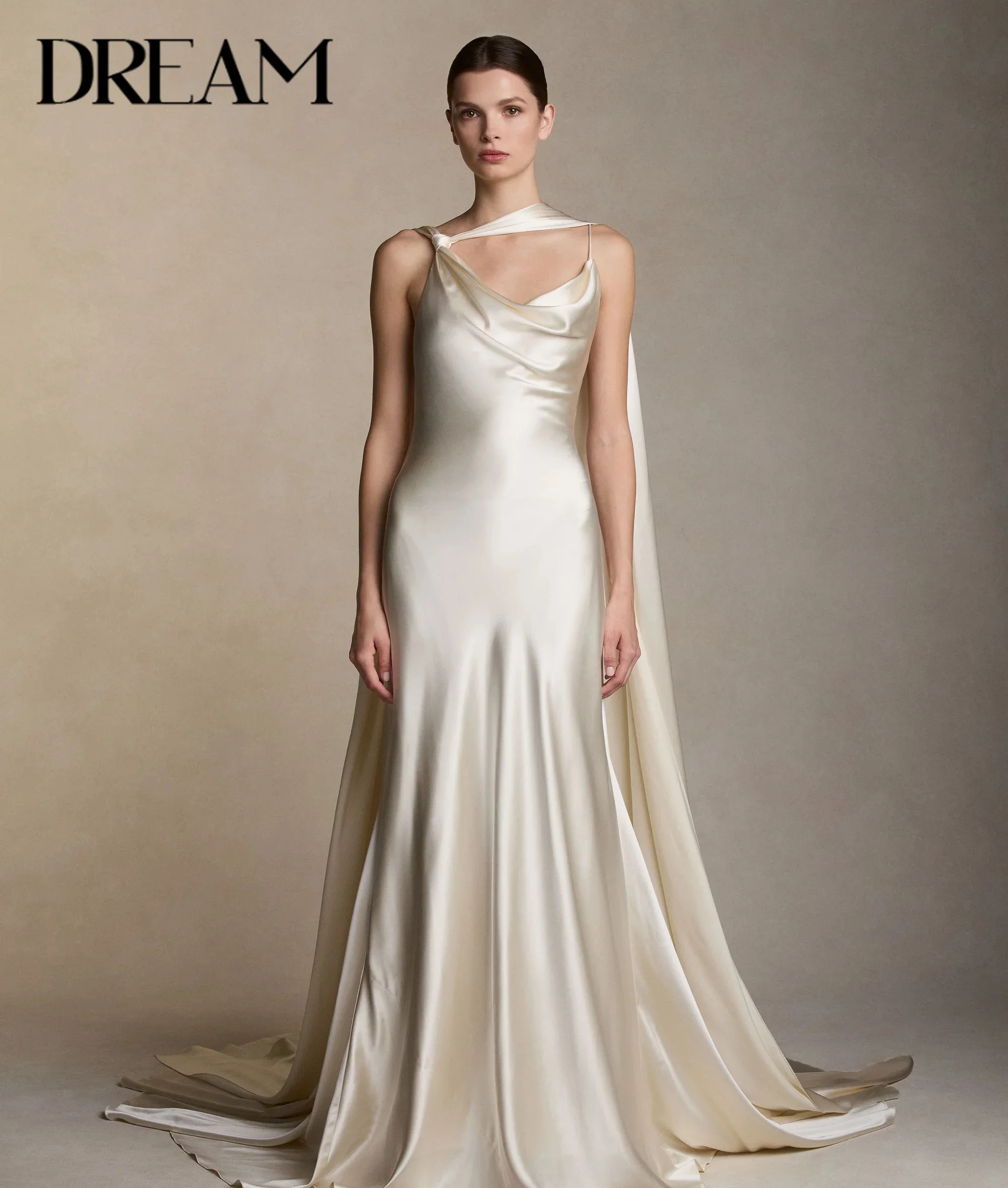 Women Ivory Satin Mermaid Wedding Dress Deep V Back Draped Shawl Design Bridal Gown Long Train Formal Wedding Party Dresses