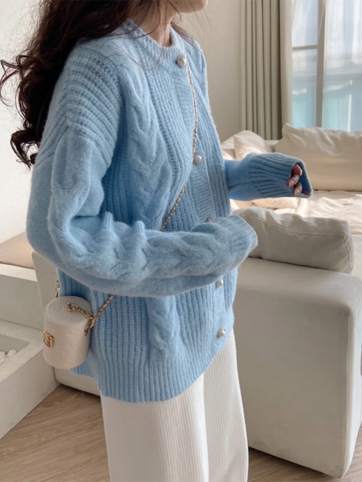 

Мягкий уютный женский вязаный открытый кардиган, свободный круглый осенне-зимний новый синий свитер из пряжи, верхняя одежда, топ