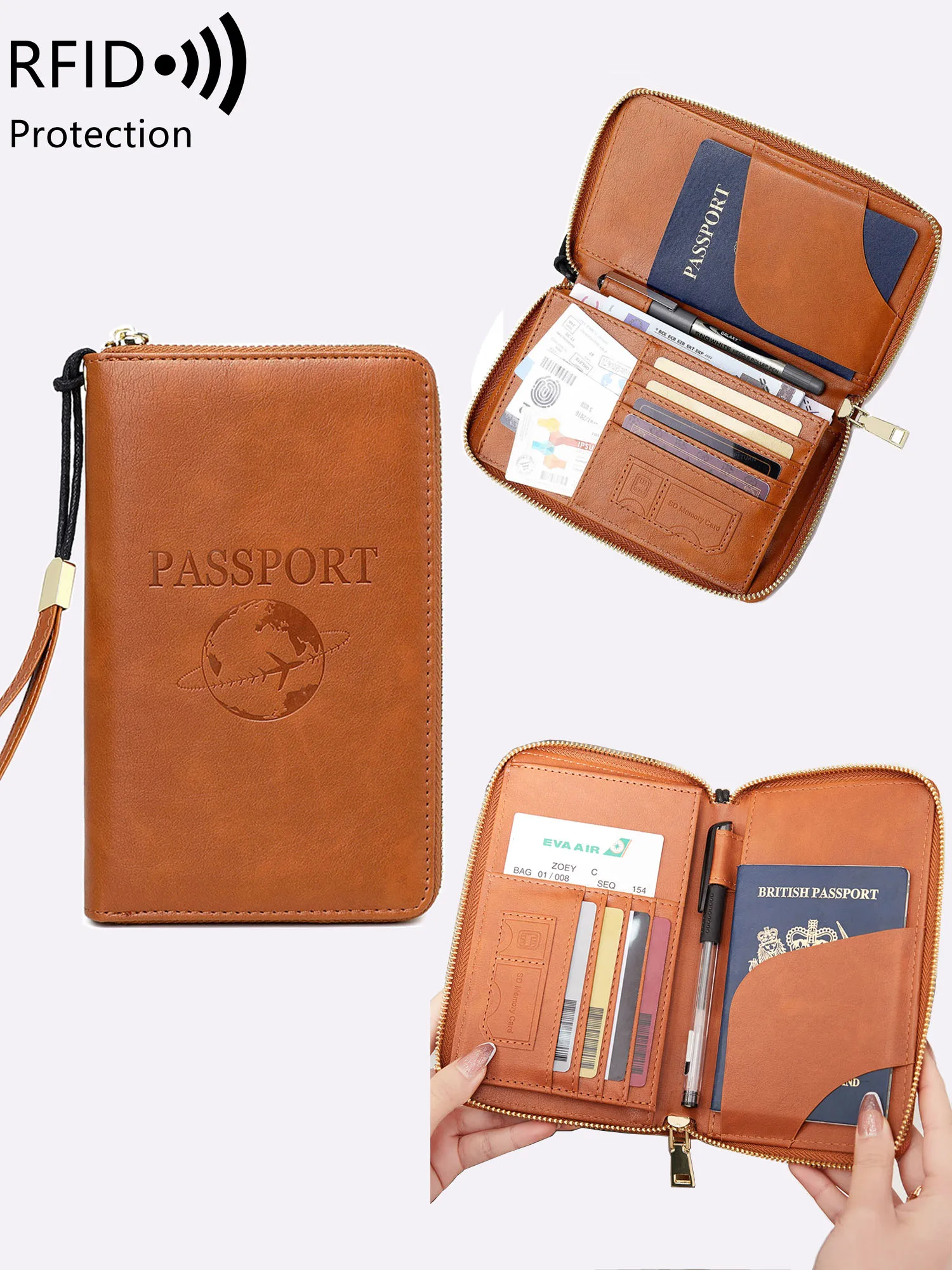 

Держатель для паспорта с блокировкой RFID, дорожная сумка для паспорта из искусственной кожи, сумка для кредитных карт, многофункциональный кошелек на молнии с ремешком на запястье