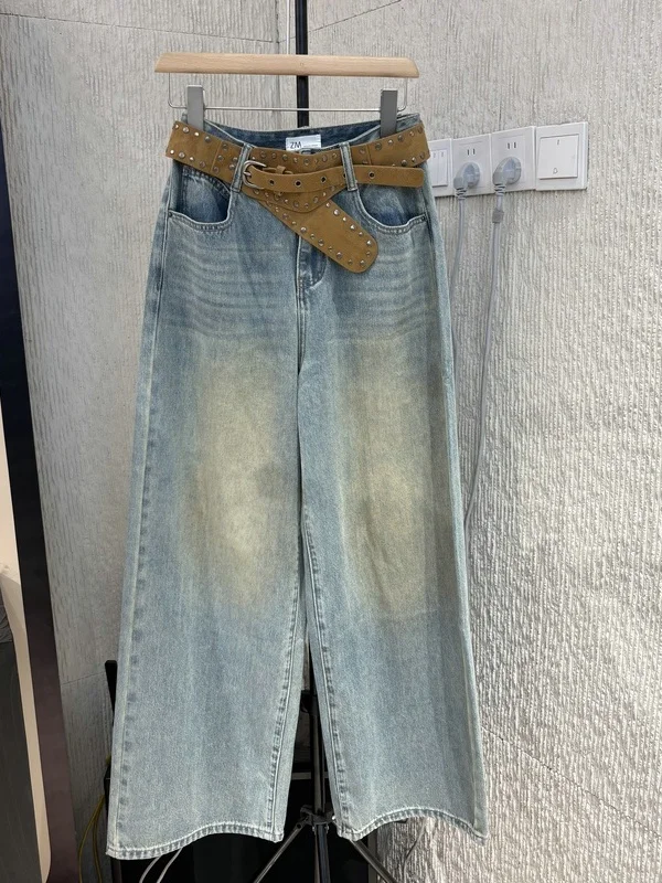 

Fashionable High Waist Denim Jeans Women's Belted Rivet Tie Wide Leg Pants Casual Style Comfortable Breathable Straight Cut