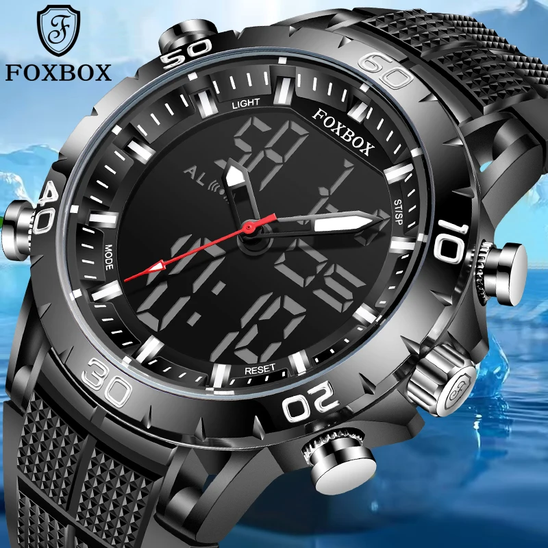 

FOXBOX Бизнес Часы Мужские Модные Черные Силиконовые Водонепроницаемые Спортивные Мужские Часы Новые Роскошные Аналоговые Цифровые Кварцевые Наручные Часы Для Мужчин