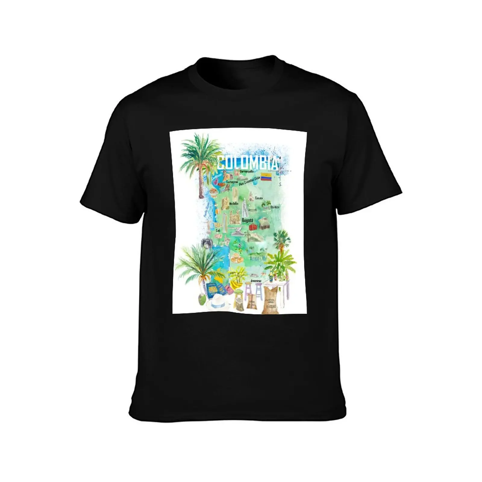 Colombia Illustrated Travel Map With Tourist Attractions And Highlights T-Shirt cotton t shirts man 100% T-Shirt