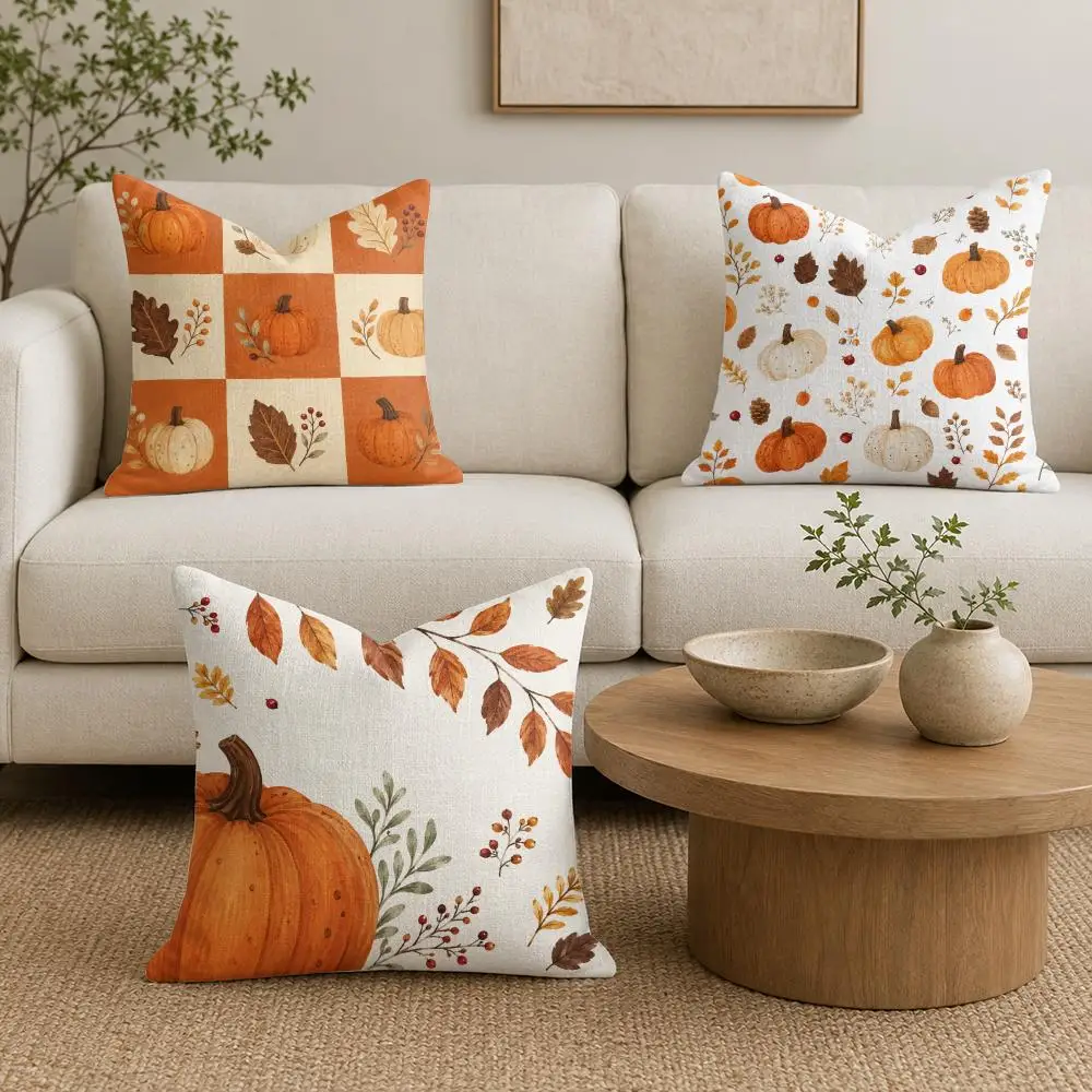 Autumn Pumpkin Scatter Cushion Cover Organic Linen Throw Pillow Cover - Double-Sided Print Breathable Cushion Case Home Decor