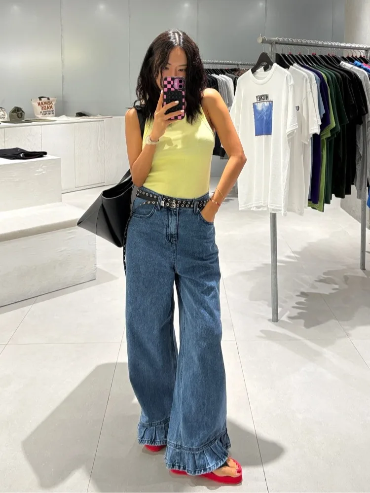 

Retro Waed Loose Straight Leg Denim Skirts for Women with Lace Hem Casual All-Match Long Trousers High Waist Zipper Sle