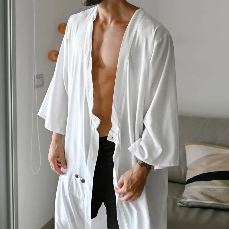 الترفيه فضفاض المفتوحة غرزة عباءة معطف رجالي خمر بلون مقنعين سترة القمم 2025 الصيف أنيق زرر سموك رداء طويل