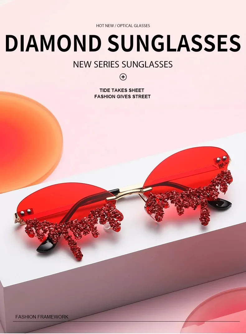 Diamant Randlose Sonnenbrille Damen Luxusmarke Strass Sonnenbrillen Sexy Tränenform Punk Party Eyewear Gafas De Sol – Detail 10