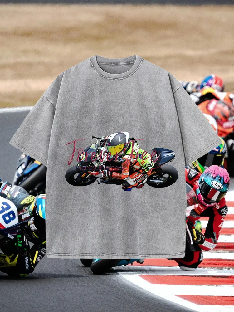 

Vintage Motorcycle Racing Track Print Pure Cotton Short-Sleeved T-Shirt for Both Men and Women, Made of Water-Washed Cotton and