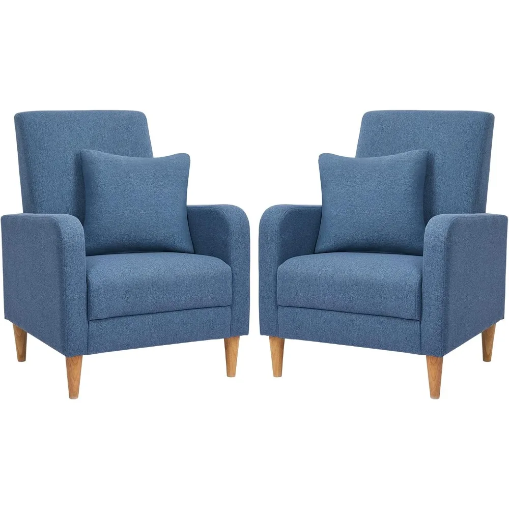 Set of 2 contemporary living chairs, fabric armchairs, reading side chairs, single sofa with back pillows and wooden legs, blue