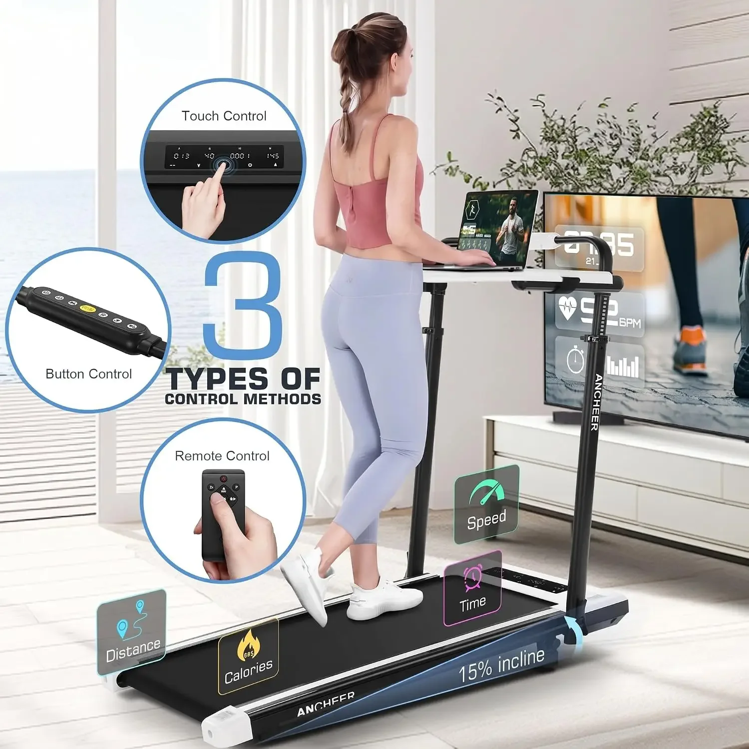 Height-Adjustable Desk Treadmill with 15% Incline for Home Office Workout | 8 in 1 Folding Treadmill 450lbs Weight Capacity, 3.5