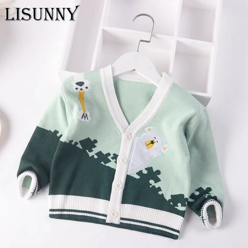 

Toddler Baby Boys Sweater Cardigan Coat 2023 Autumn Winter Jumper Children Sweaters Kids Knit Clothes Cartoon bear V-Neck 2-7y