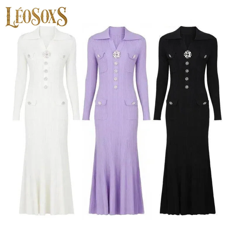 ชุดเดรสไหมพรมแขนยาว LEOSOXS ปกเสื้อปักเลื่อมติดกระดุมทรงหางปลา ชุดเดรสยาวทรงเข้ารูปสำหรับผู้หญิง ฤดูใบไม้ร่วง ทรงสลิม เซ็กซี่ เสื้อผ้าปี 2025