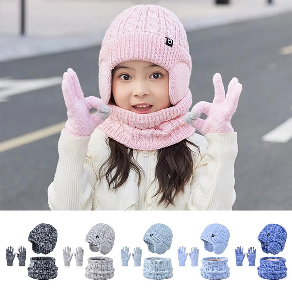 صوف مبطن قبعة وشاح للرقبة قفازات مجموعة الشتاء سميكة إيرفلاب بيني الدافئة سدادات حماية الأذن تدفئة الرقبة للبنين والبنات