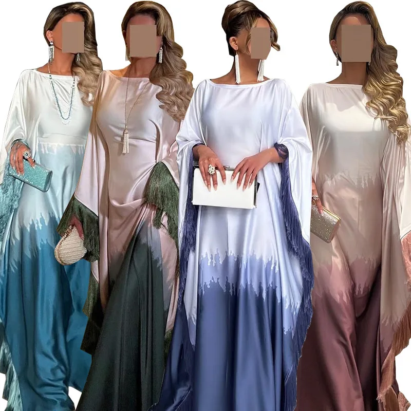 

Women's Gradient Ombre Print Abaya Maxi Dress with Fringe Detail - Open Front Sleeveless Modest Kaftan 100% Polyester