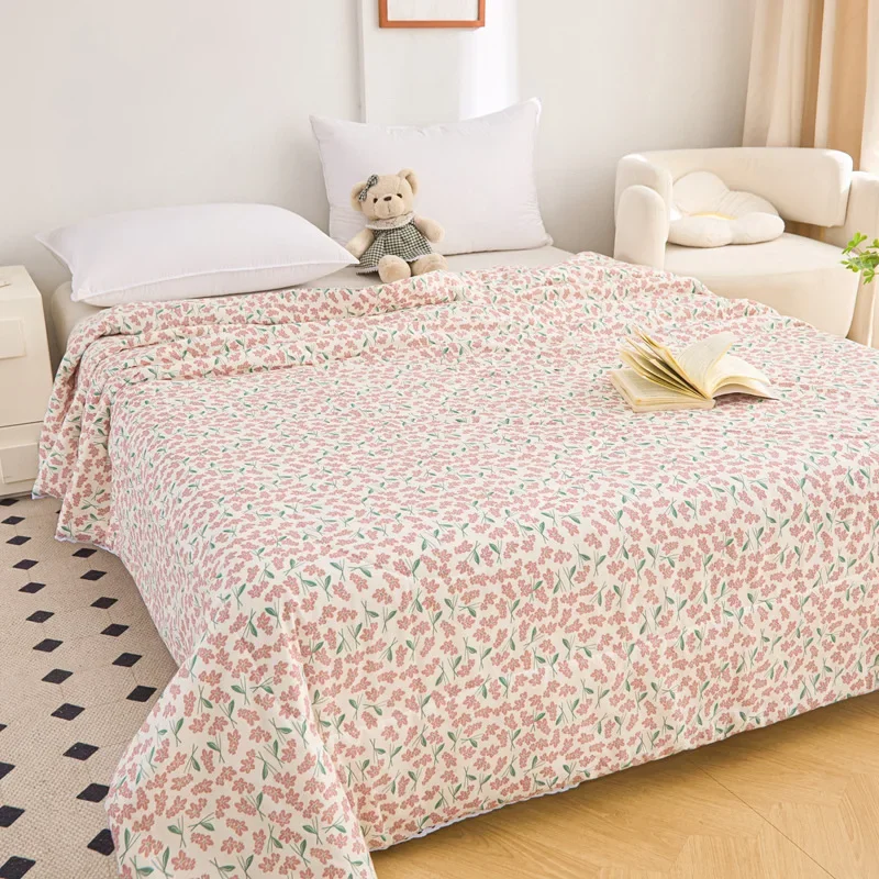 لحاف صيفي من القطن على الطراز الكوري بطانية مزدوجة 100% قطن مع حواف من الدانتيل مفرش سرير خفيف الوزن وجيد التهوية لجميع المواسم