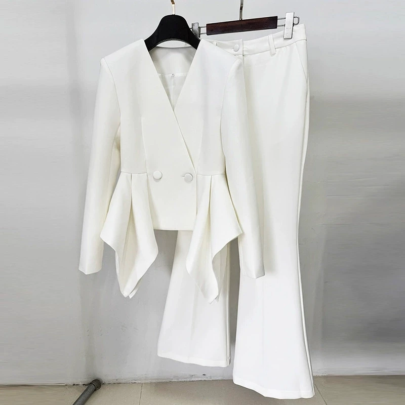 

New Fashion Style Commuter Lotus Leaf Pendant Slim Long Sleeve V-Neck Jacket Top+Micro Pull Long Pants Two Piece Set