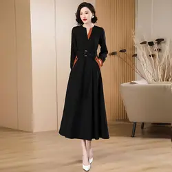 Black Temperament Spliced Dress New Fashion Age Reduction High-end Feeling Slimming Large Display Mid Length Skirt