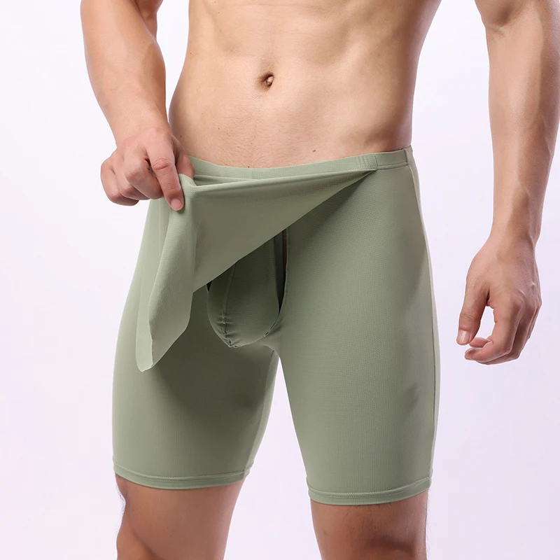 New Men Underwear Bullet Separation Scrotum Sexy Panties Ice Silk Breathable Sports Boxer Shorts Comfortable Long Leg Underpants