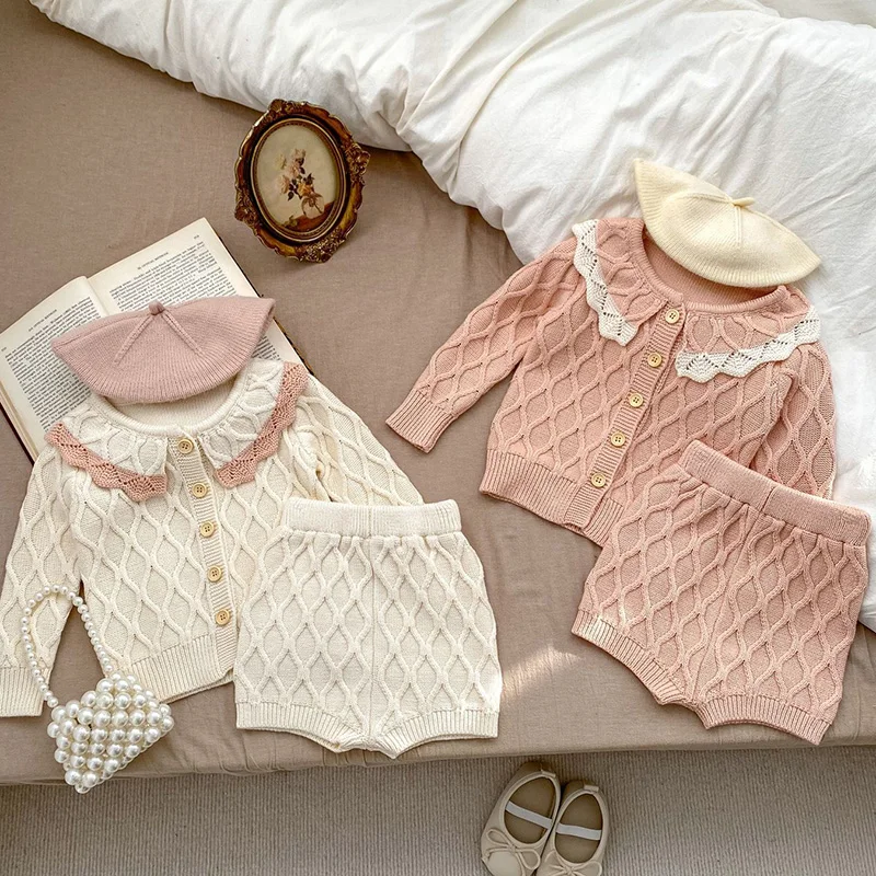 2024 New Spring Infant Baby Girls Knitted Clothing Set Long Sleeved Knitted Cardigan+Shorts Toddler Baby Knitting Clothes Suit