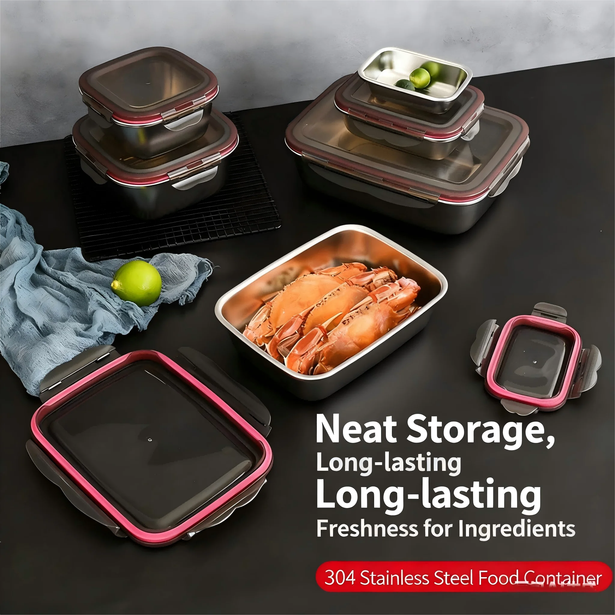 

304 Stainless Steel Lunch Box Leak-Proof Refrigerator Food Storage Container Korean-Style Square Sealed Container With Lid