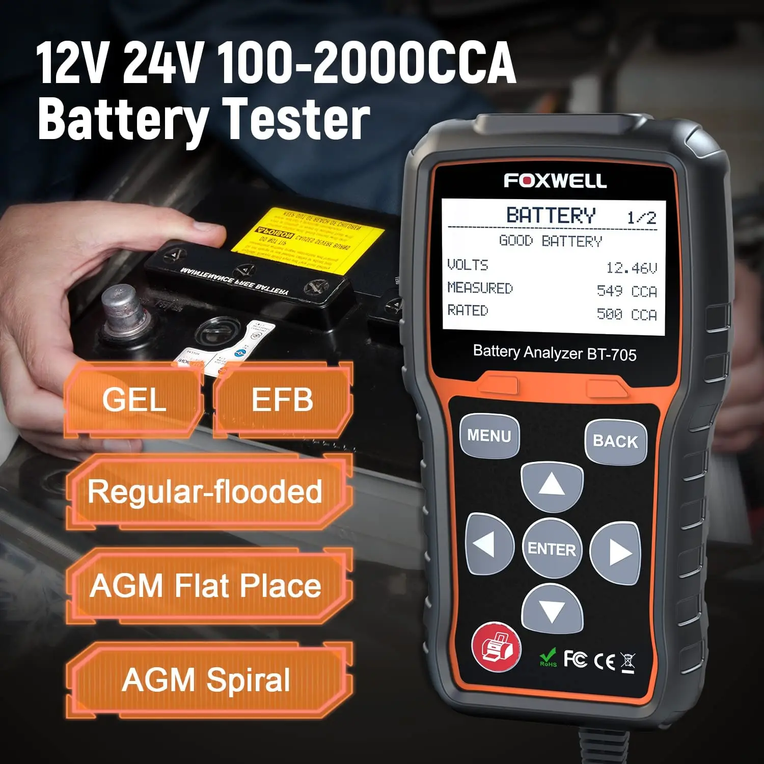 FOXWELL BT705 Car Battery Tester 12v 24v Heavy Duty Truck Cranking Charging System Test 100-2000CCA Battery Load Analyzer