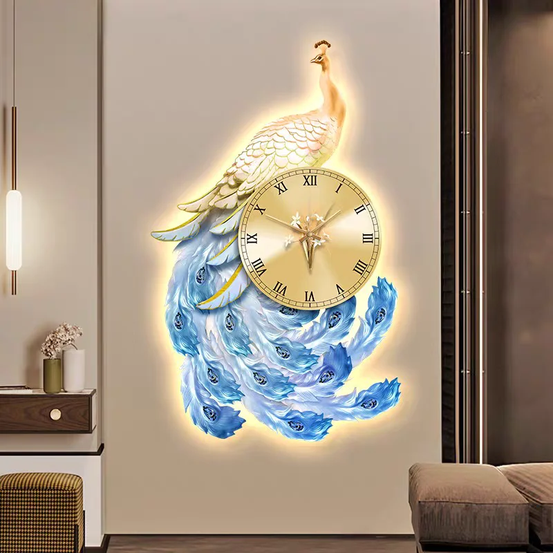 

Entrance 3D Peacock Decoration Painting Wall Clock Living Room LED Clock Modern Corridor Wall Decoration Mural Watch Home Decor