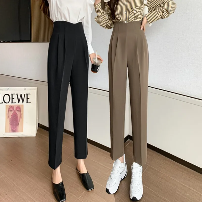 

Women Suit Pant Korean Elastic High Waist Straight Pants Casual Loose Solid Wide Leg Trousers Commuting Autumn Winter T05