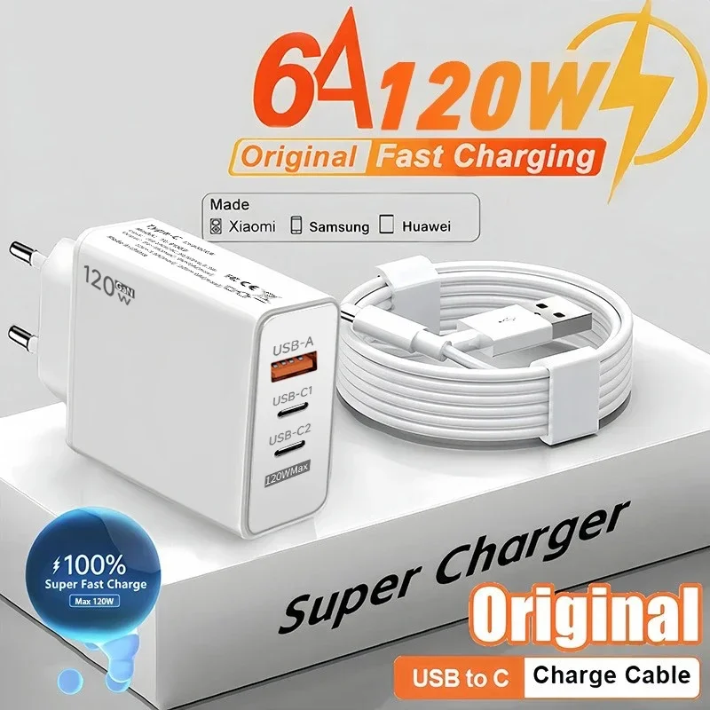 

120W GaN PD3.0 USB-C Fast Charger QC3.0 3-Port Wall Charger for iPhone15 14 16 Samsung Xiaomi Travel Home Office Power Adapter‌