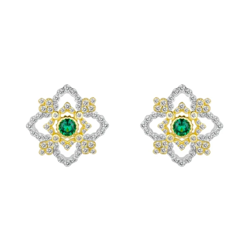 

BELLUX 925 Silver Synthetic Zircon Green Round Full Diamond Cross Four Petals Vintage Earrings