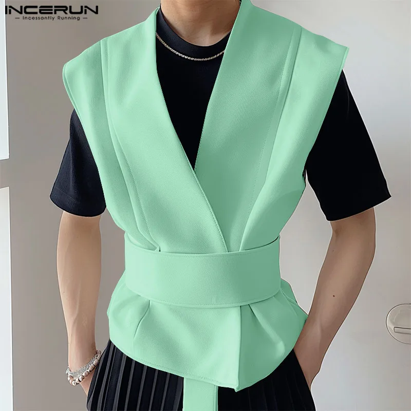 INCERUN Men\'s Vests Solid Color V Neck Sleeveless Casual Male Waistcoats With Belt Streetwear 2024 Fashion Leisure Vests S-5XL
