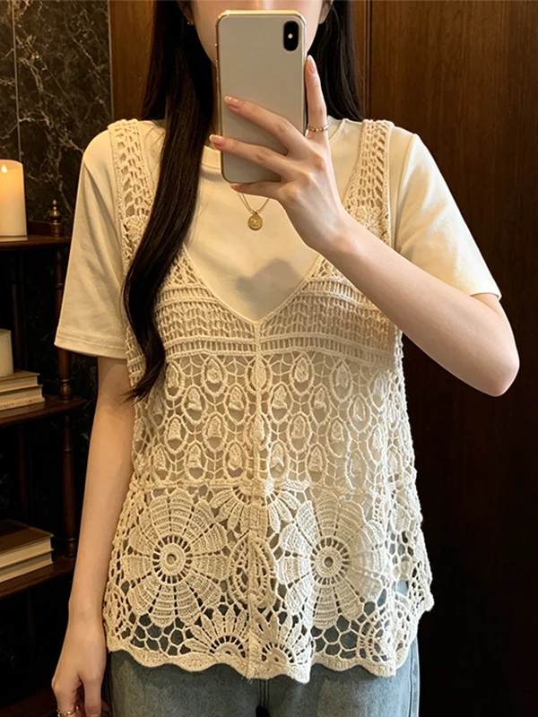 

Summer 2026 Bohemian Short Sleeve T-Shirt Women's plus Size Hook Flower Hollow out Vest Two Piece Set Overlap Top Korean Style