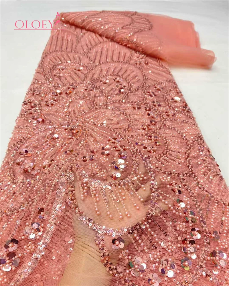 

OLOEY High Quality African French Lace Fabric Embroidered Nigerian Sequins Tulle for Party Dress