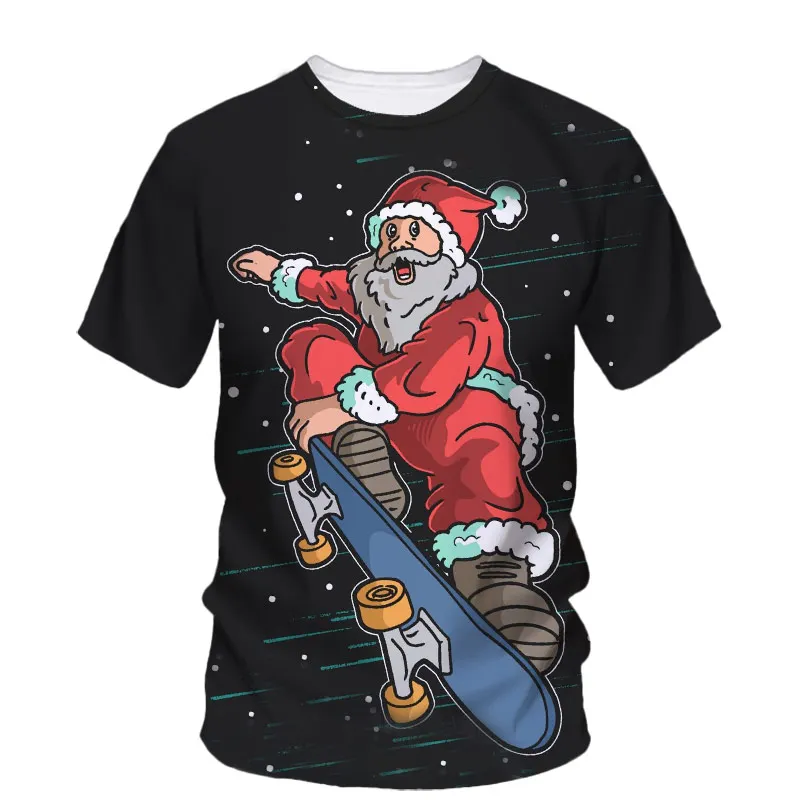 Fashion Trend Santa Claus Skateboard Men'S T-Shirt Party Hip-Hop Atmosphere Fun Clothing 3d High-Definition Printed O-Neck Top