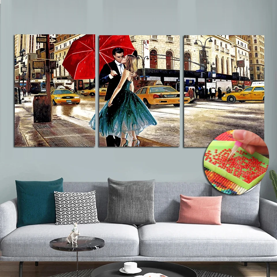 DIY Diamond Painting Full Drill Triptych European Town Embroidery Mosaic Walking In The Street Sweet Lover Kiss Handmade Gift